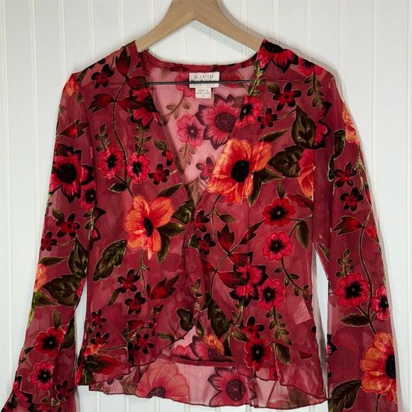 Vintage‎ David Warren NY Burnout Floral Mesh Blouse Red Sheer Ruffle Sleeve Sz 6 - Picture 2 of 10